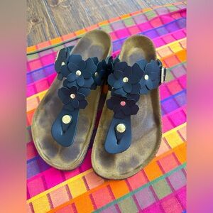 Birkenstock EU 39 Gizeh Flower Black Leather Sandals